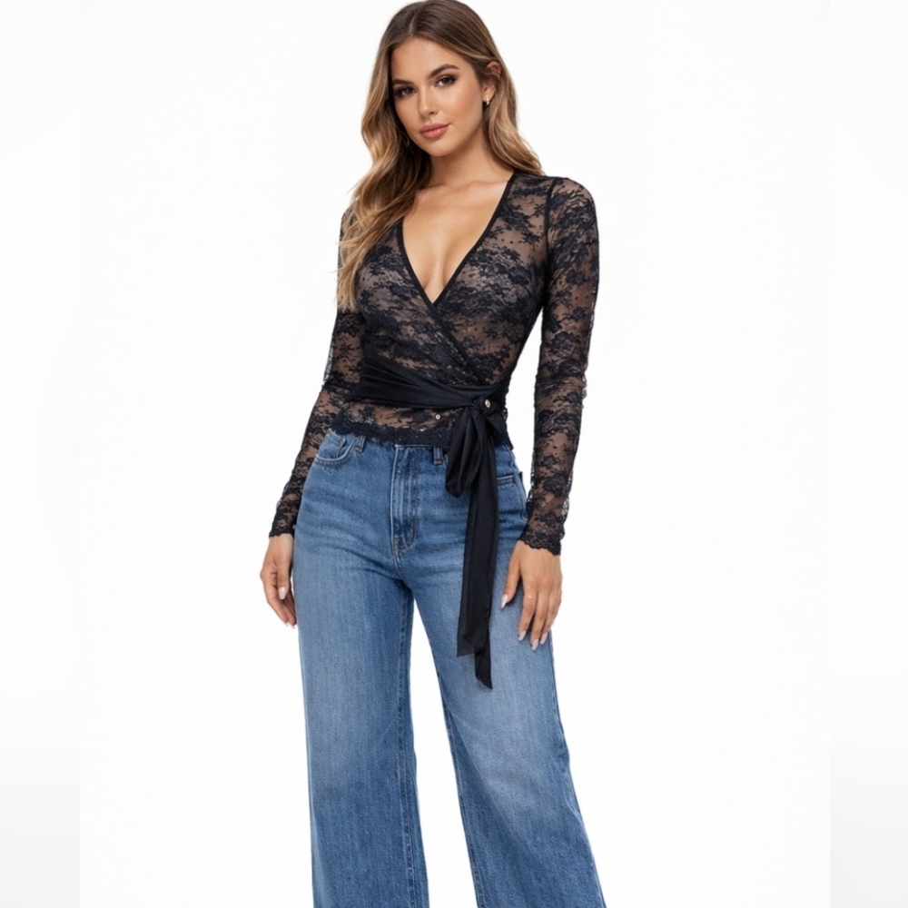 Elegant Black Lace Wrap Top